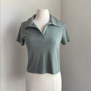 BP Cropped Baby Tee Polo Womens Sz Large Green Ribbed Stretch Cap Sleeve Y2K